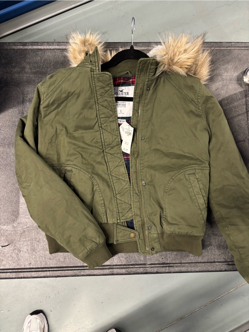Hollister Olive Green Bomber Jacket with Faux Fur Hood